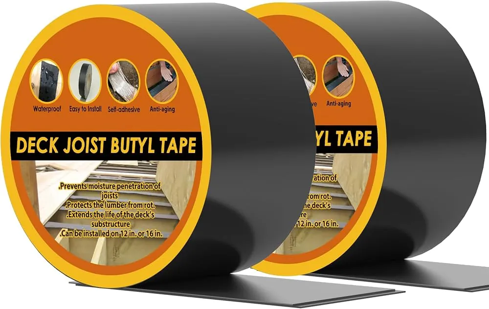 Rolls of self-adhesive deck joist butyl tape used to protect deck framing